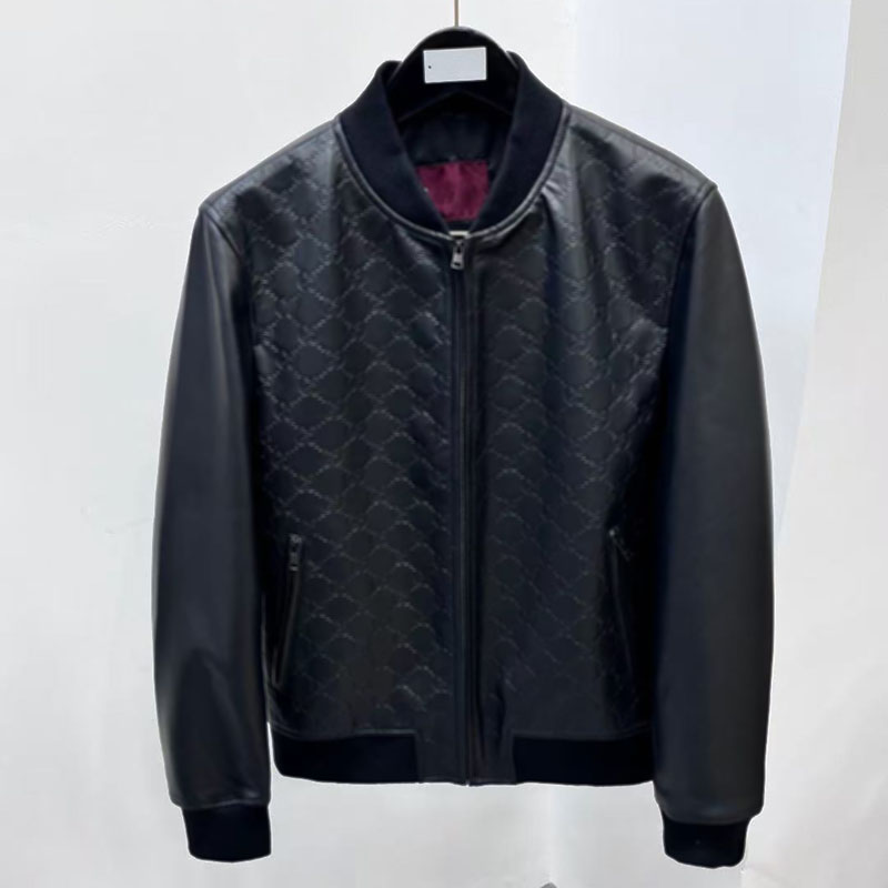 Top-quality designer men's black leather jacket made from premium sheepskin, featuring a luxurious embossed logo design, perfect for riding. Me