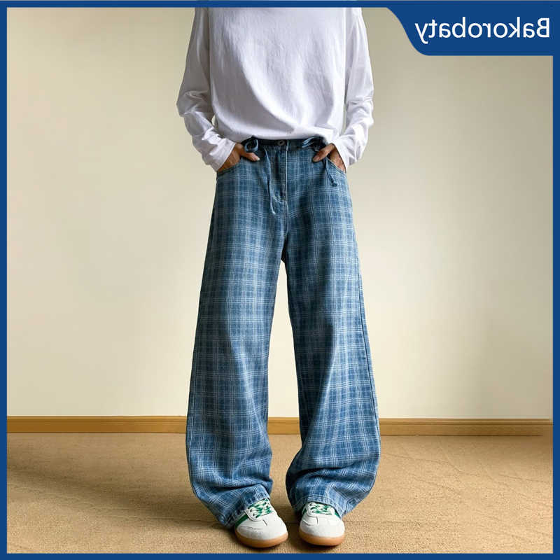 High Men's 2026 Street Summer Plaid Wide Leg Denim Pants Casual Straight Baggy Y2K Jeans 2026 New Hip Hop Fashion Jean D260902
