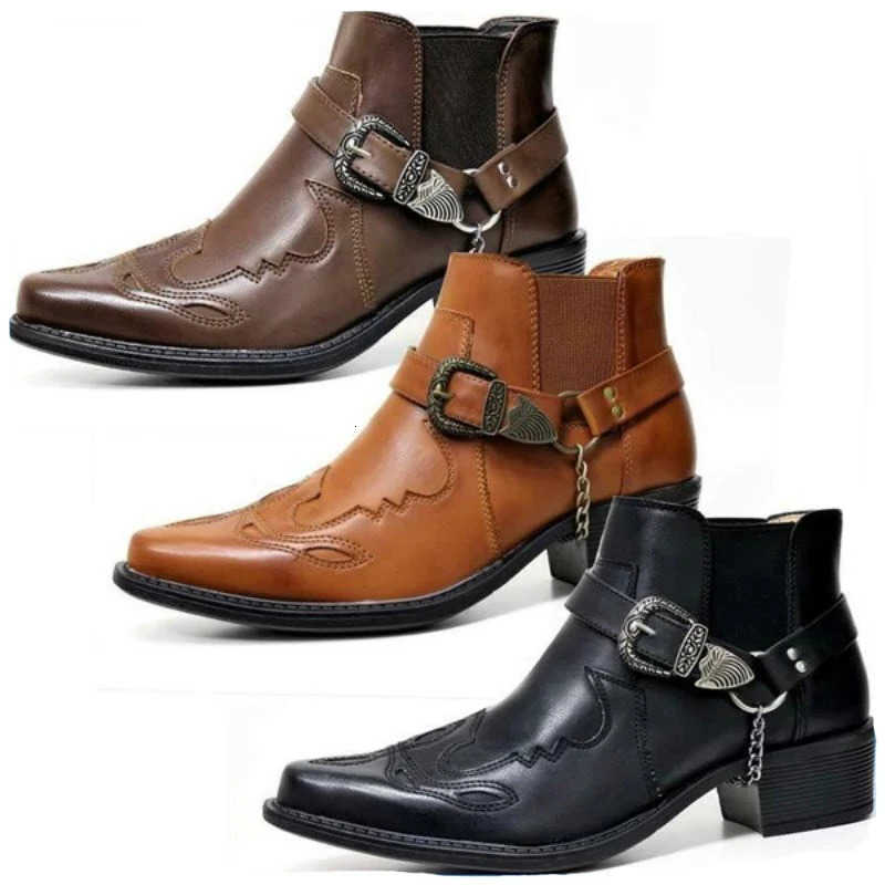 Vintage Men's Fashion Cowboy 2026 Boots Leather High Top Chain Strap Punk Shoes Pointed Toe Biker Ankle Boots for Men H260901