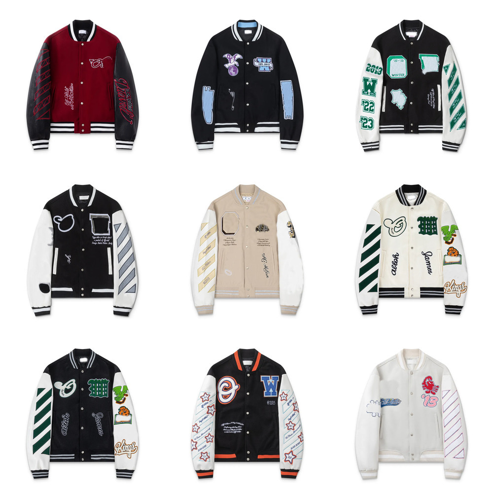 offwhite Designer Mens Varsity Baseball Jacket Heavy embroidery leather patchwork Jackets Hip Hop Streetwear Coat Casual Outerwear OW basketball jac