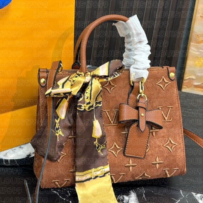 2026 new designer Classic onthego Embossed Women Tote Bag Top Handle With Silk Scarf Bow Decor Removable Crossbody Strap shopping bag wallet