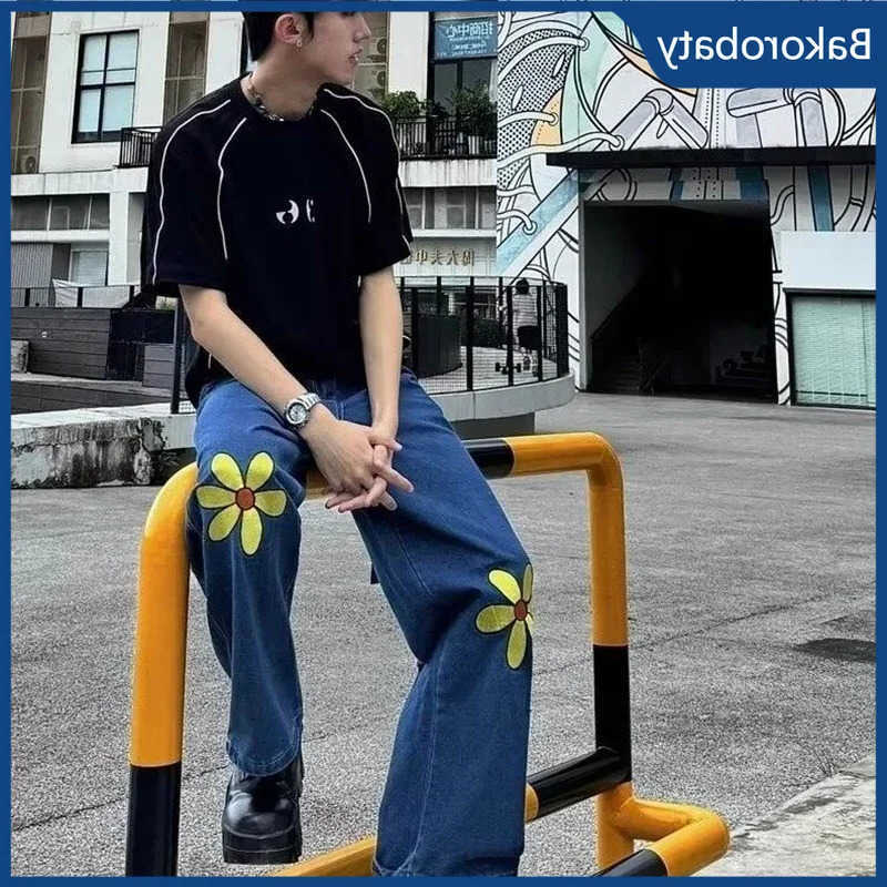 Daisy Spring Vintage Men's Y2K Print Denim Pants Aesthetic Flower Wide Leg Jeans 2026 New Hip Hop Fashion Blue Baggy Jean D260902