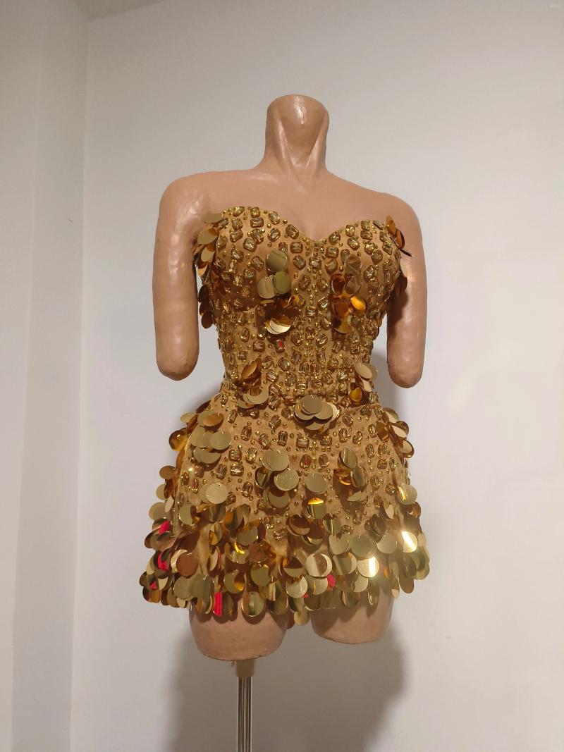 Casual Dresses Sparkly Gold Rhinestone Sequins Sexy Strapless Mesh See Through Mini Dress Women Eveing Birthday Party Nightclub Stage