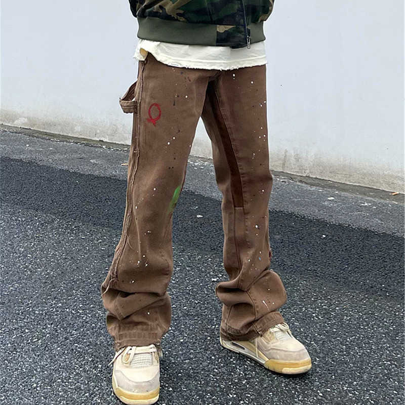 Graffiti Ink Painted 2023 Flared Jeans Cargo Y2K Pants Men Clothing Brown Straight Hip Hop Long Trousers Pantalones Hombre D260902