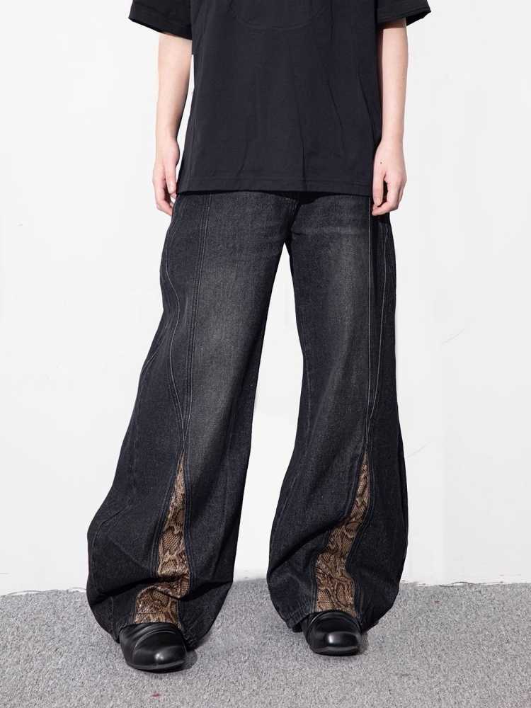 Cyber Y2K Streetwear Snake 2026 Pattern Patchwork Black Baggy Jeans Pants For Men Clothes Straight Fashion Cotton Long Trousers D260902