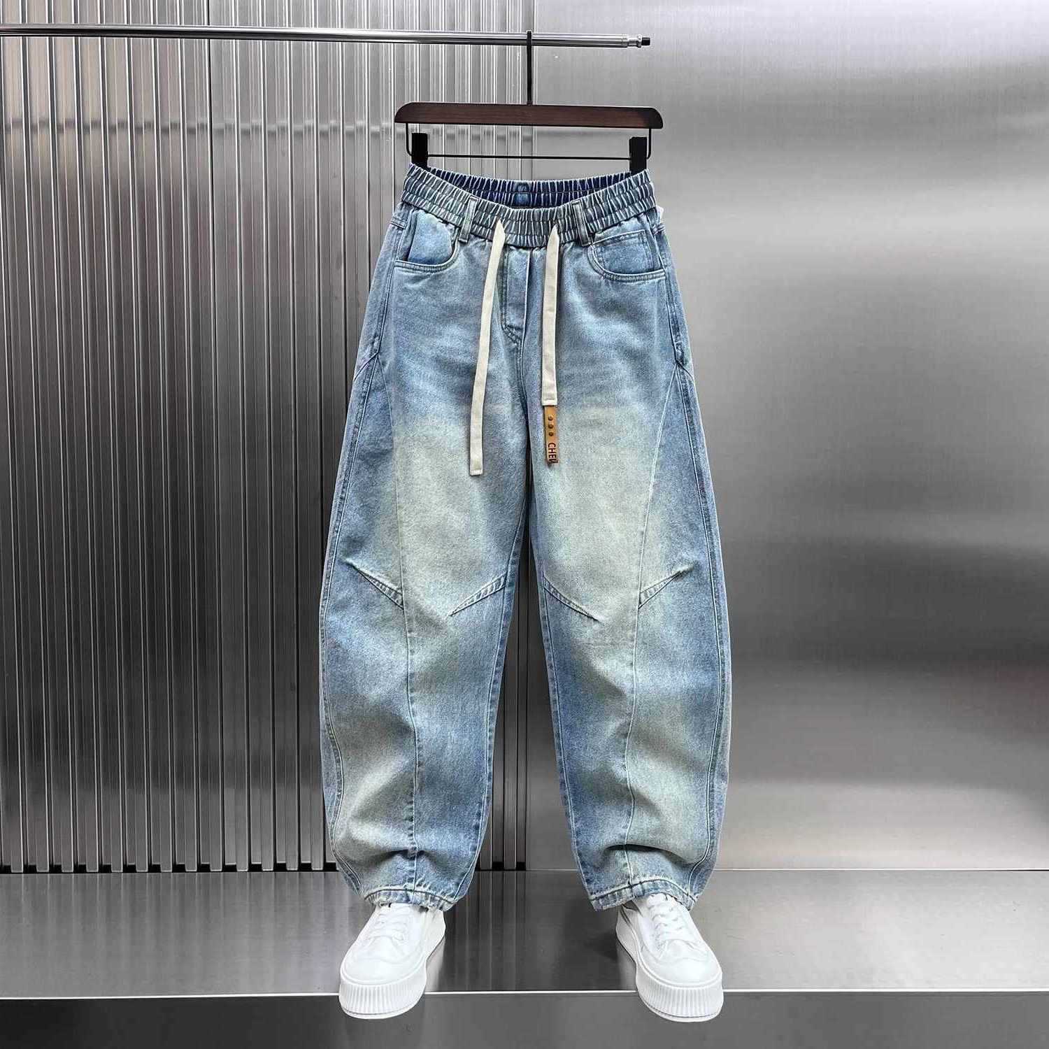 Brand New Trendy Drawstring 2025 Splicing Washed Jeans Men's Korean Handsome Scimitar Pants Autumn Winter Work Pants Men D260902