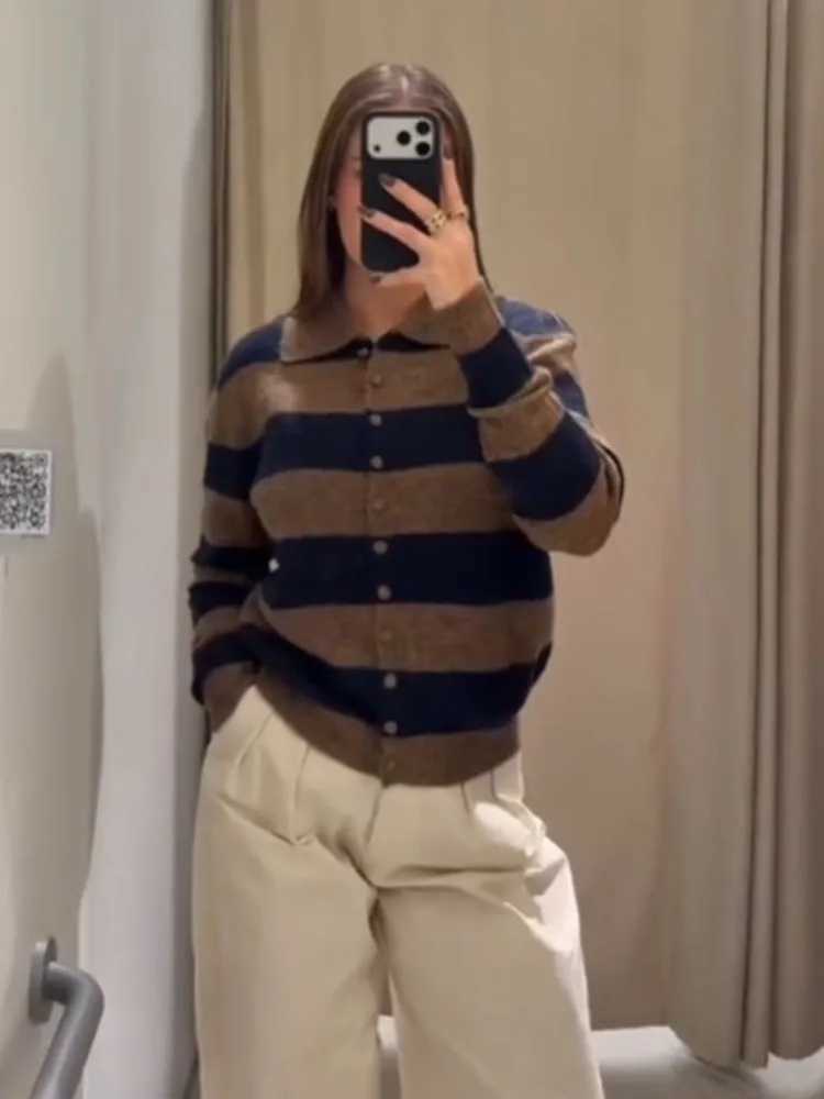 HH Women's Fashion Striped Knitted Cardigan Coat Female Long Slve POLO Collar Single Breasted High Strt Casual Short Jacket T260829IW9P
