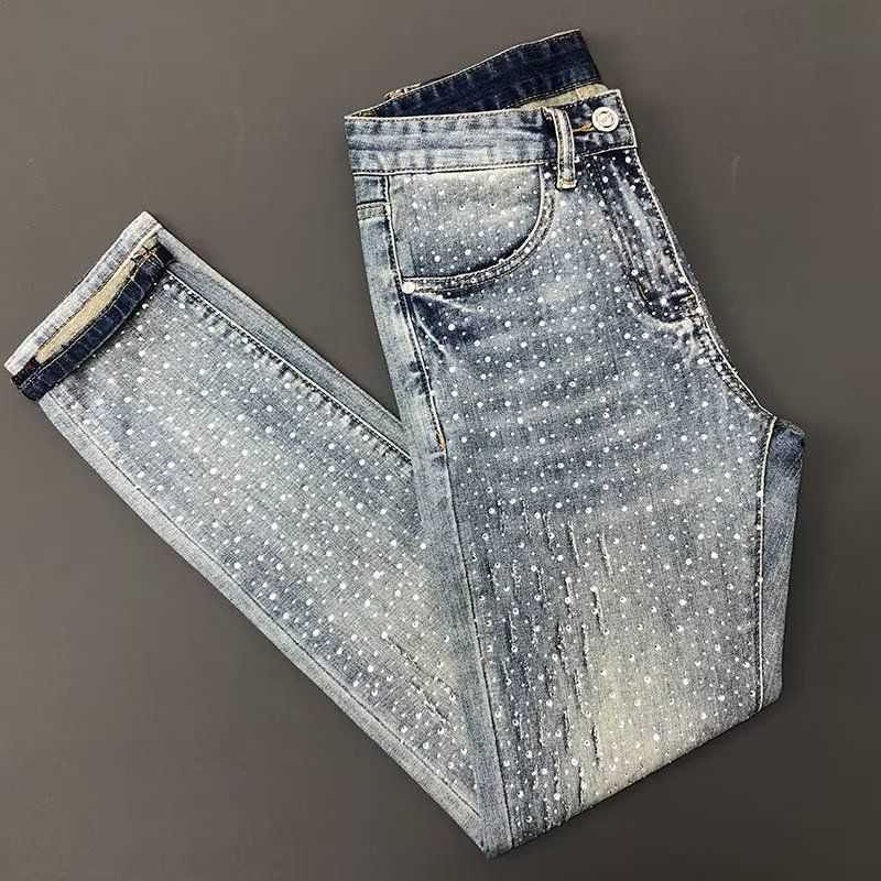 Brand Gypsy Trendy Jeans Men's Summer Thin 2026 New Ripped Light Color Slim Feet Hot Drilling Brand Clothes Men Trousers D260902
