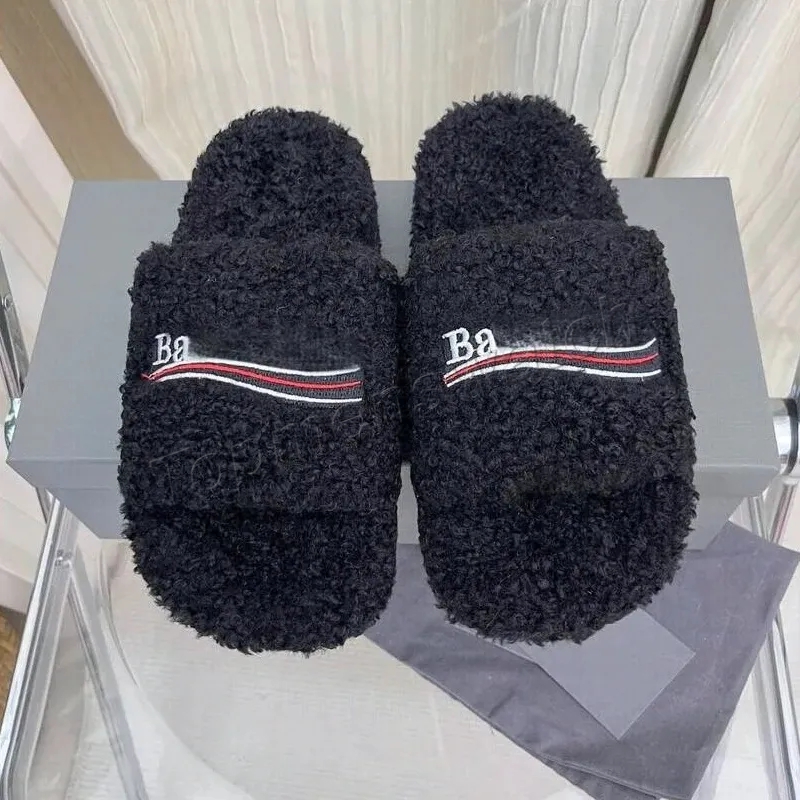 Designer Fur Slippers Soft Fluffy Shearling Slides Mens Women Luxury Furry Open Mule Cozy House Outdoor Comfort Fashion Sandals Black Pink White