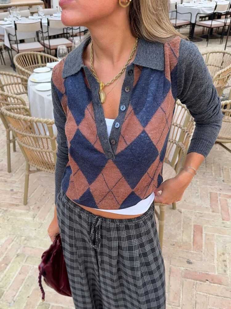 HH Women's Fashion Autumn Knitted Tops Argyle Turn-Down Collar Long Slves Single Breasted Female Casual Chic Pullovers T260829S7FJ