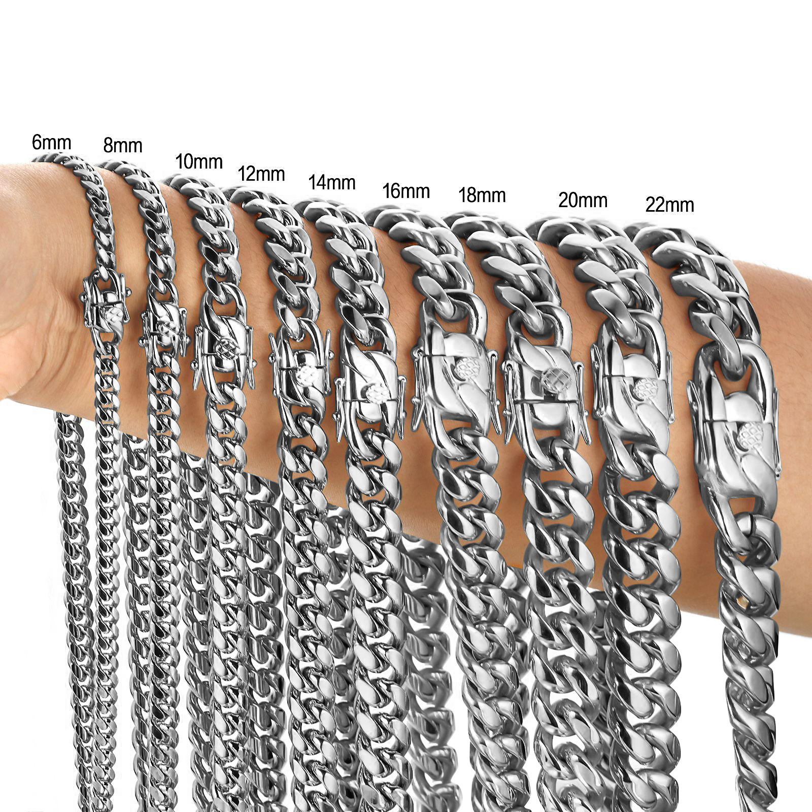 6/8/10/12/14/16/18mm Miami Cuban Link Chain Bracelet Necklace Thick Mens Hip Hop Stainless Steel Jewelry Necklaces 8.66 16 18 20 22 24 24 26 28 30in