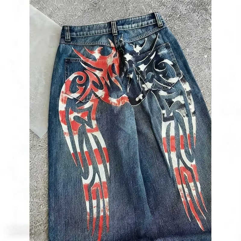 wide-leg 2026 new printed casual slim trousers Hip-hop personality jeans Y2K women's dark fun graffiti floor-length pants D260902