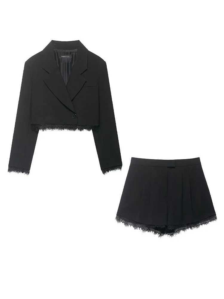 HH Women Strt Shorts Suit Fashion Lace Stitching Solid Lapel Long Slves Short Jacket+High Waist Zipper Casual Slim Shorts T260829