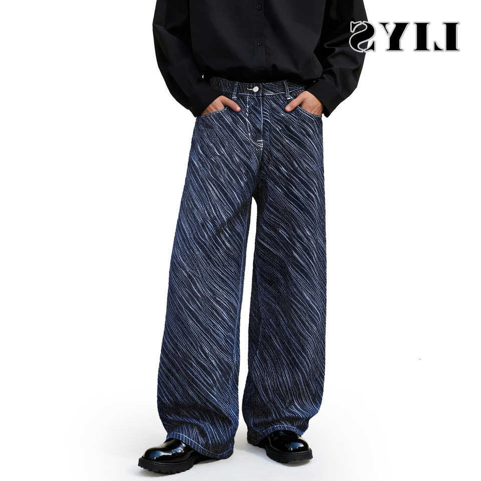 Wave Style LIYS Stripe Japanese-Korean Jacquard Baggy Straight Leg Men's Jeans American Casual Straight Leg Denim Pants D260902