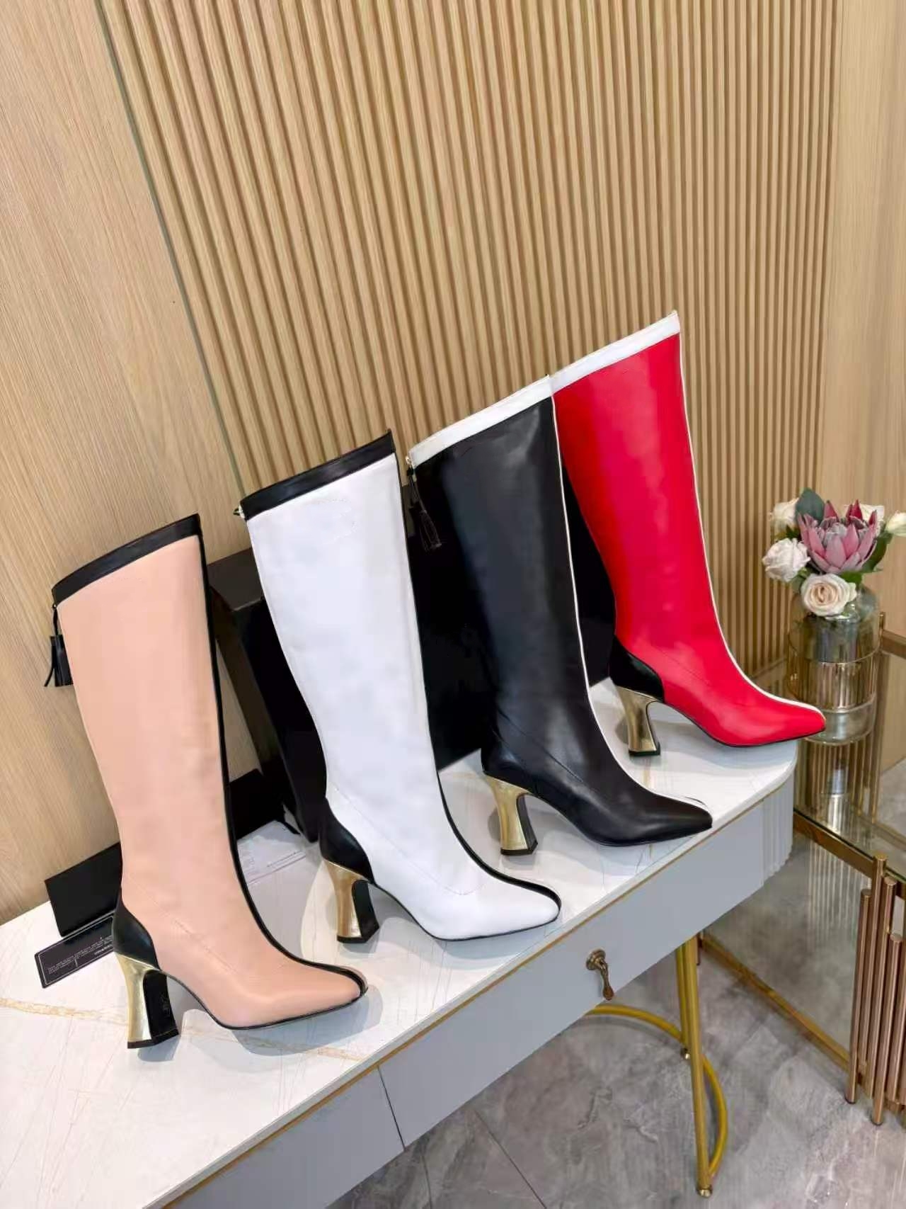 2026 Designer Shoes - Color Patchwork - Knight - High Heel - Thick Heel - Women's New Elegant Knee-Length Boot - Full Leather - With Box - Size