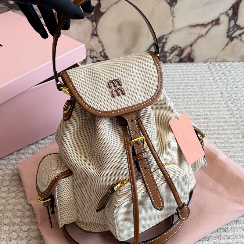 High Quality Designer Bag Fashion Bag Women Vintage Canvas Backpack Trim Drawstring Flap Rucksack Multi-pocket Casual Shoulder Daypack