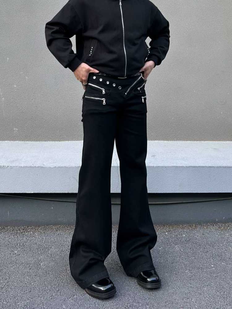 Cyber Y2K Streetwear Zipper 2026 Design Black Slim Flared Jeans Pants For Men Clothing Cotton Long Trousers Pantalones Hombre D260902
