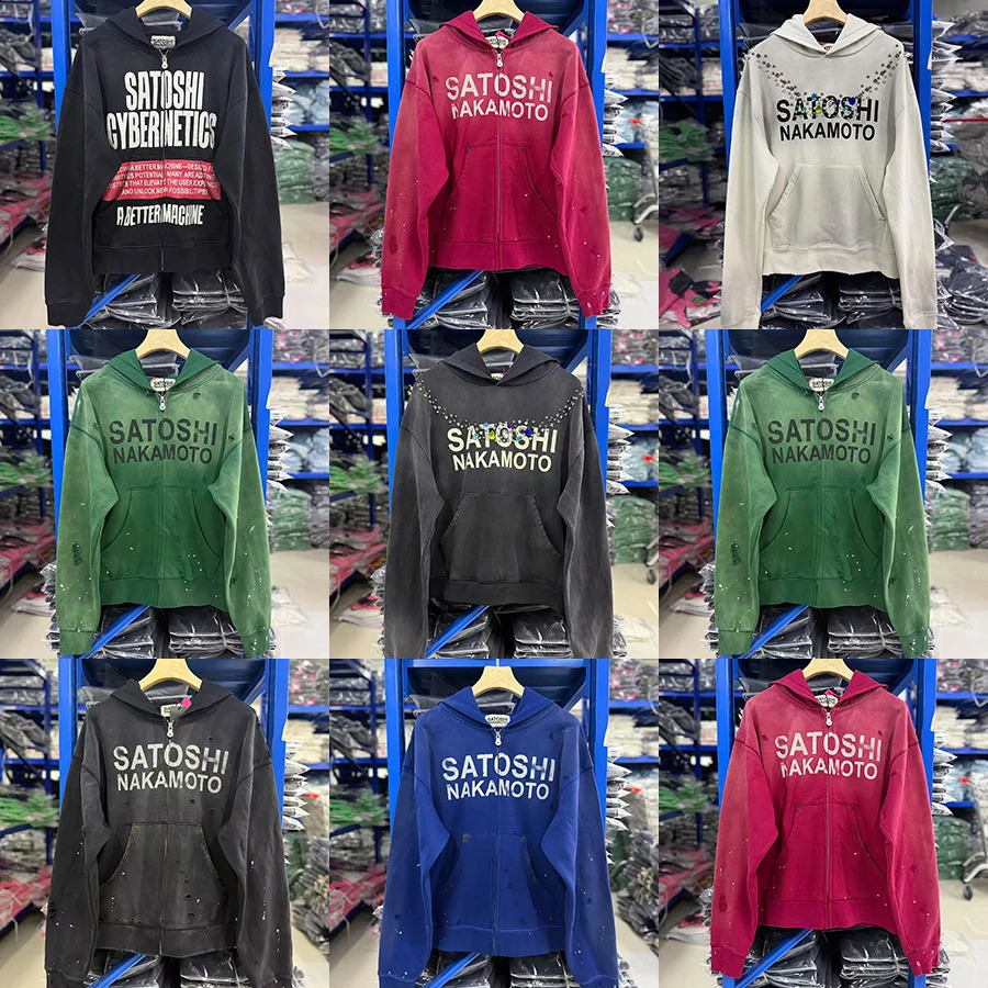 Satoshi Nakamoto Hoodie Washed Vintage Worn Out Letter Print Men Women Loose Fit Cotton Zip Up Hoodie Outerwear Oversized Print Zip Up Hooded Sweats