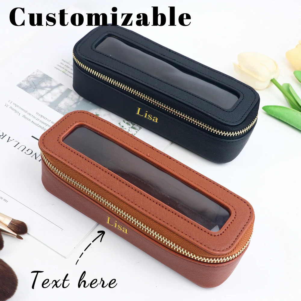 Customized Name PU Leather Transparent Makeup Brush Makeup Bag Portable Storage Bag Daily Necessities Storage Accessory 260901