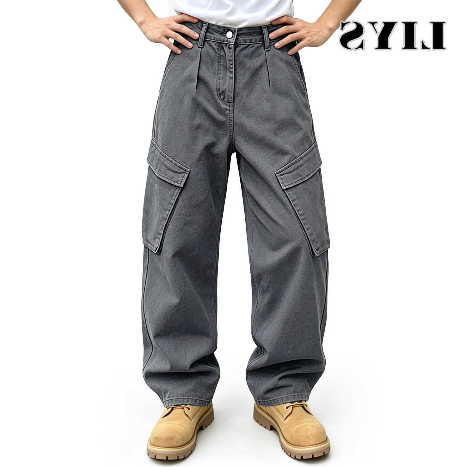 Fashion American LIYS Brand Men's Minimalist High Street Gray Toned Workwear Washed Jeans Loose Wide Leg Straight Tube D260902
