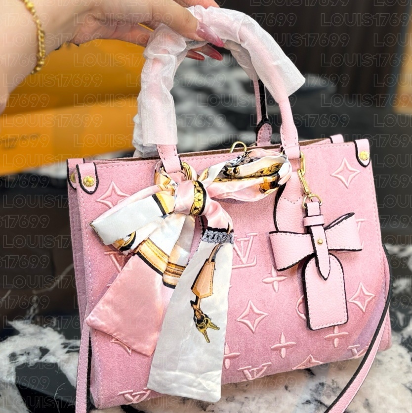 Luxury Fashion Women onthego Embossed Pattern Tote Handbag Top Handle Bag Decorative Silk Scarf Bow Tag Removable Crossbody Strap Ladies Shopping Sh