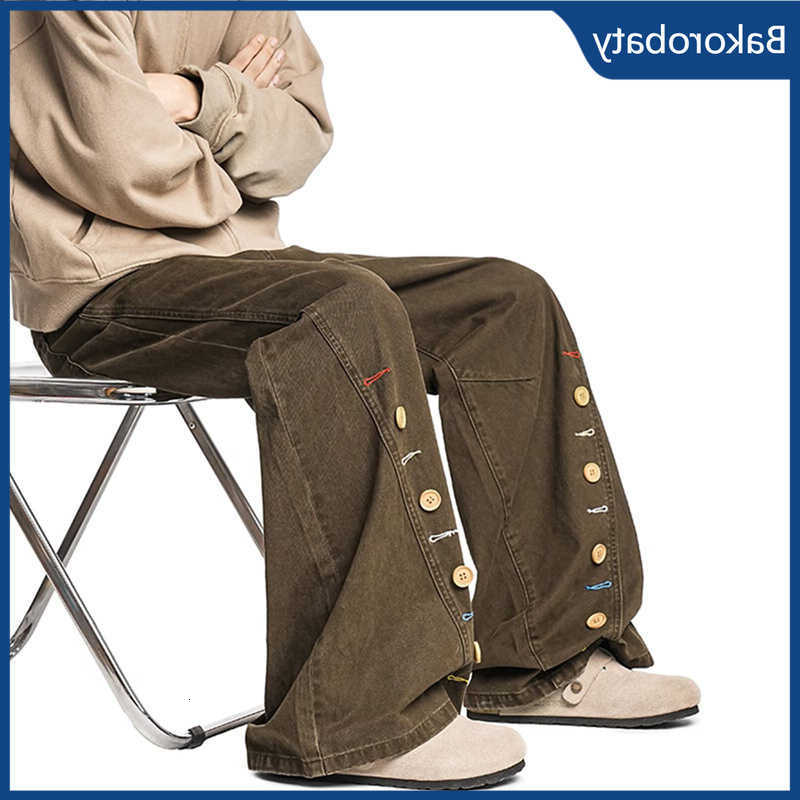 Button-Design New Brown Men's Baggy Jeans Casual Straight Curved Denim Pants 2026 Spring High Street Y2K Jean D260902