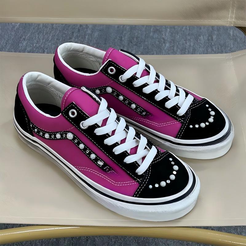 Designer Unisex Retro Pearl Beaded Canvas Sneakers Black Low top Lace up Flat Skateboard Shoes Fashion Casual Daily Street Footwear For Men Women