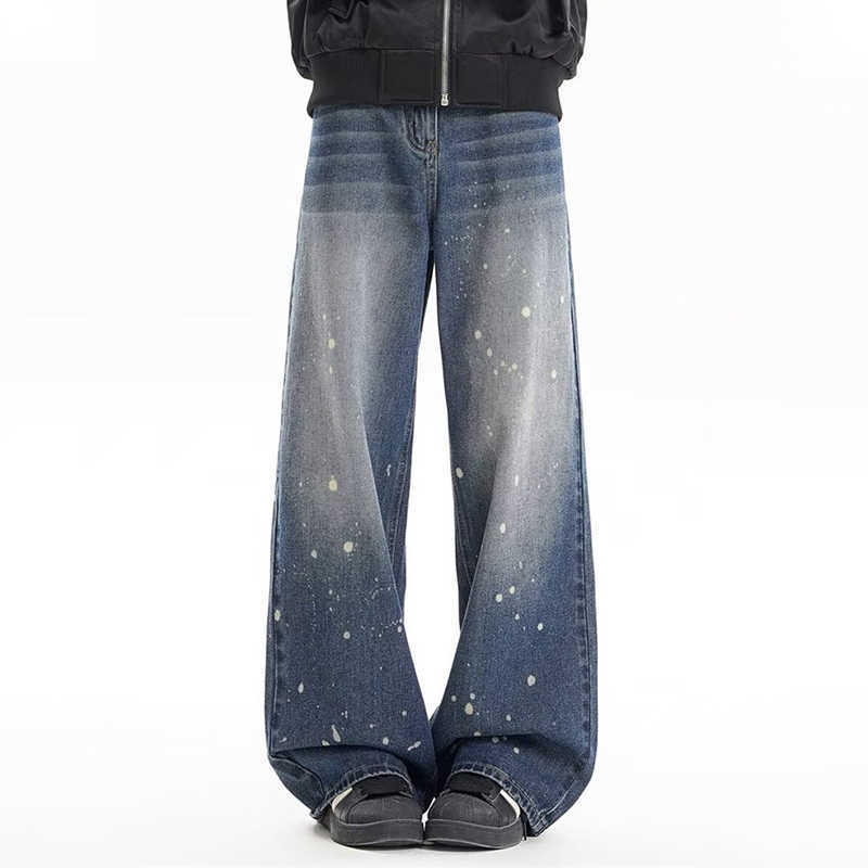 American Washed Casual New Denim Pants For Men Tie-dye Ink Printed Straight Baggy Jeans Y2K Streetwear Distressed Jean D260902