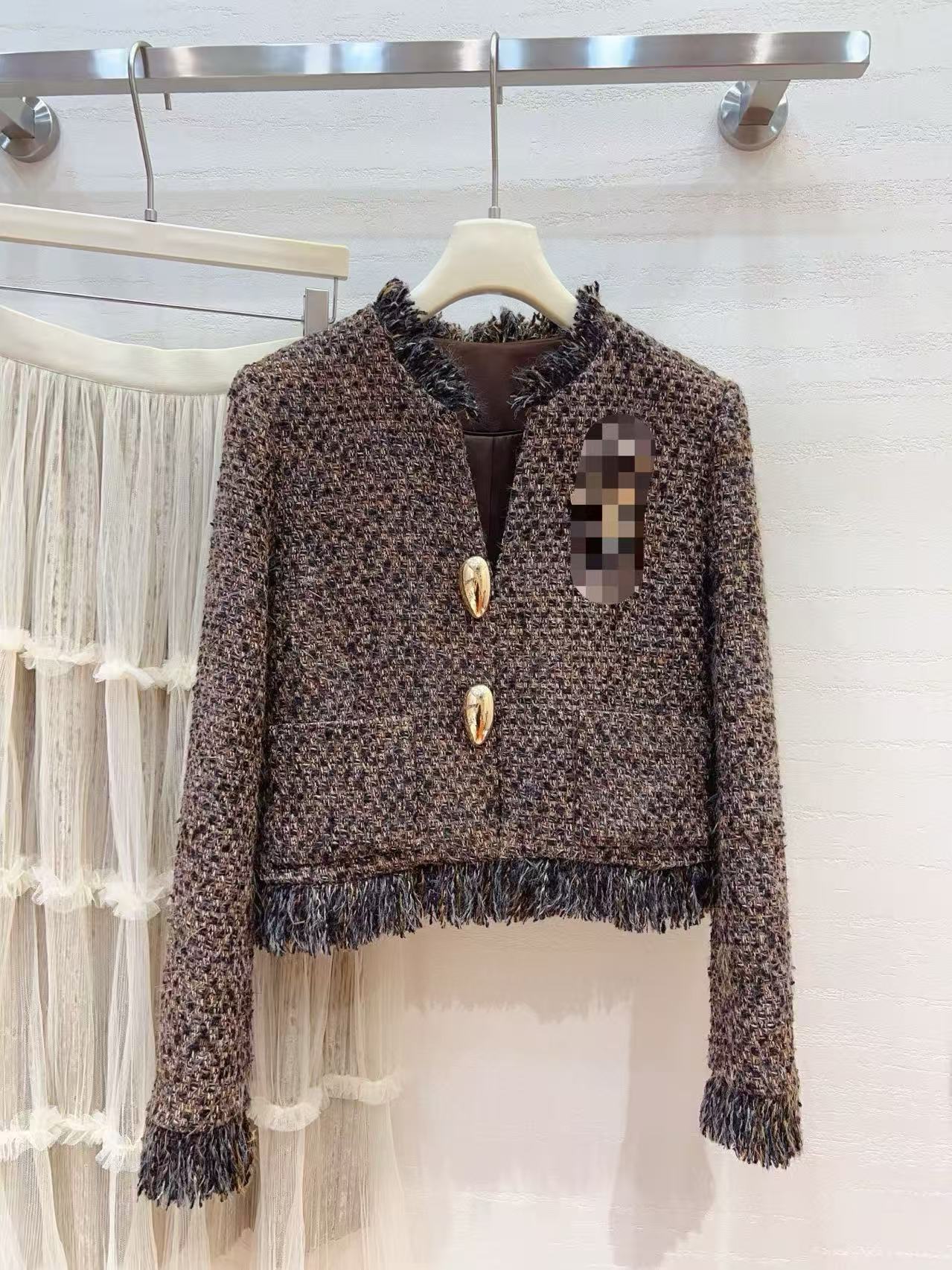 Autumn Women's Designer Jacket 2026 Brown Deep V Collar Long Sleeves Tweed Jackets For Womens And Mesh Skirts 90109