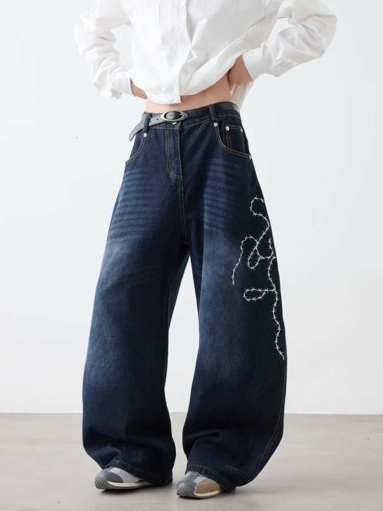 Style 2025 Punk Dark Y2K Blue Flower Embroidery Baggy Jeans Pants For Men Clothing Wide Leg Vintage Denim Trousers Moda Hombre D260902