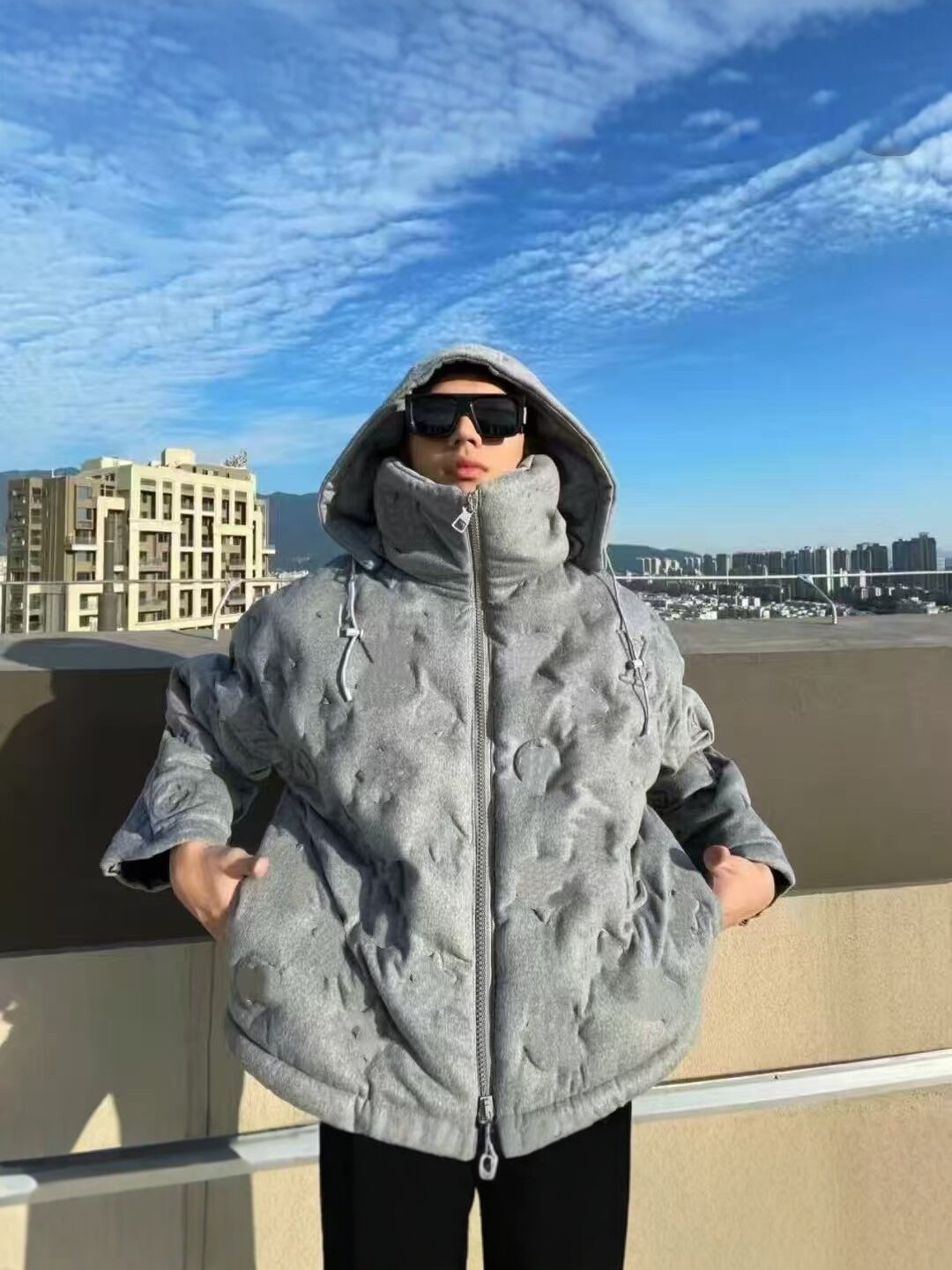 Men Grey Hooded Down Jacket Winter New Jacquard Thick Warm Loose Trendy Short Coat Style Outerwear