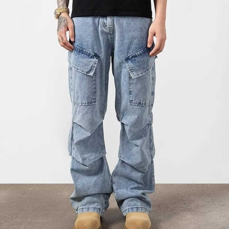 Washed Y2K Stresswear 2026 Cyber Blue Pleated Baggy Cargo Pants For Men Designer Clothes Multi Pockets Denim Trousers D260902