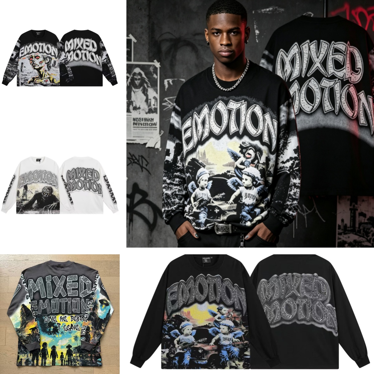Designer Mixed Emotion Unisex Gothic Distressed Vintage Graphic Tshirt Boxy Oversized Streetwear Retro 90s Hiphop Rock Print Tops Y2k Cropped Punk L