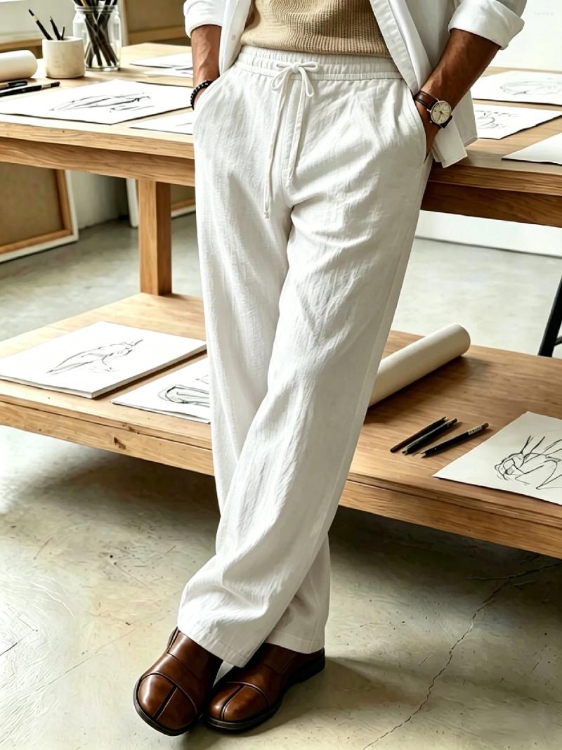 Men's Pants Japanese Relaxed Textured Drawstring Wide Leg Breathable Wrinkle Fabric Side Pockets Loose Straight Fit For Commu
