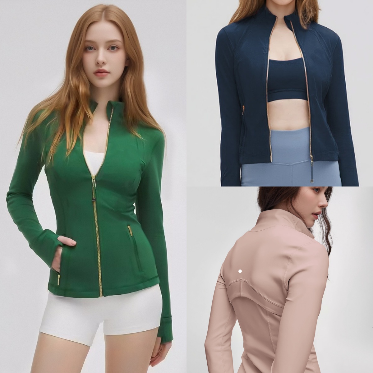 L6173-UU Veste de course en plein air à haute élasticité pour femme avec col montant et veste de yoga à fermeture éclair dorée Haut athlétique du