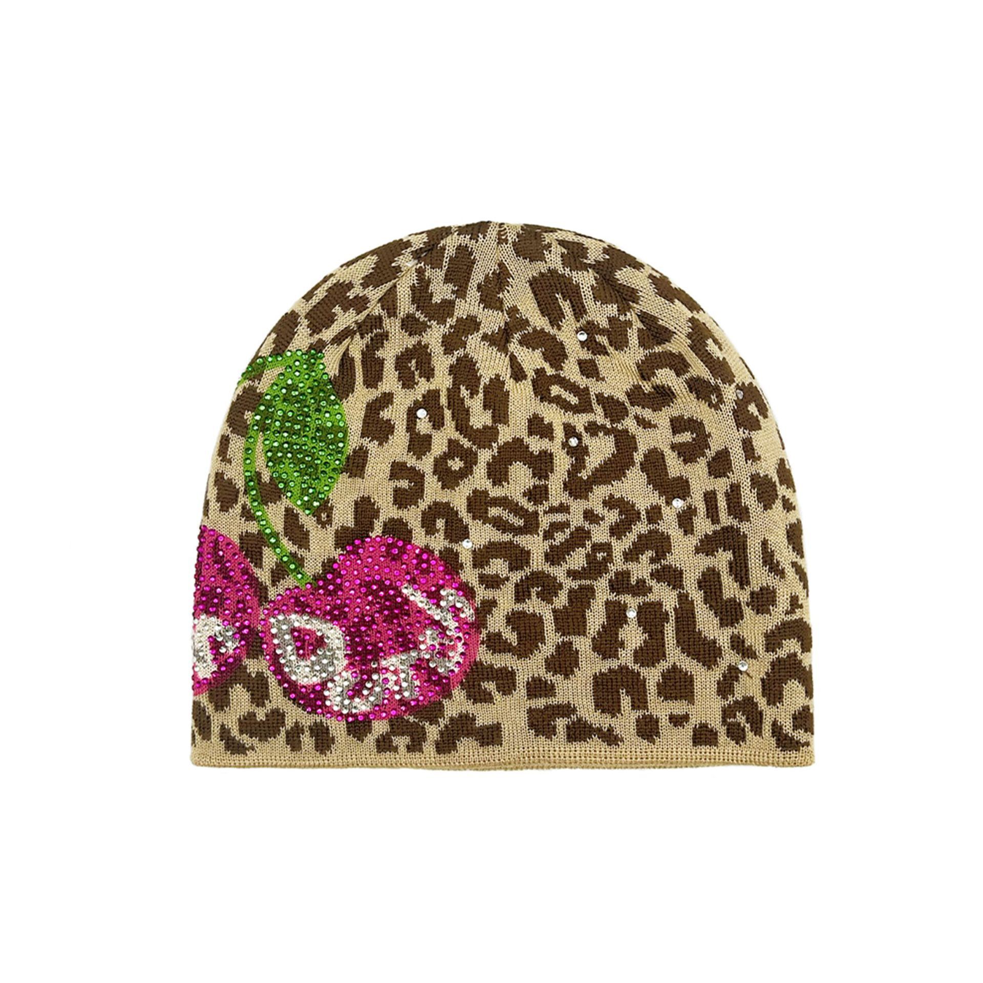 Y2K Millennial Cherry Knit Beanie Women, American Retro Rhinestone Pullover Hat, Street Style for Trendy Girls