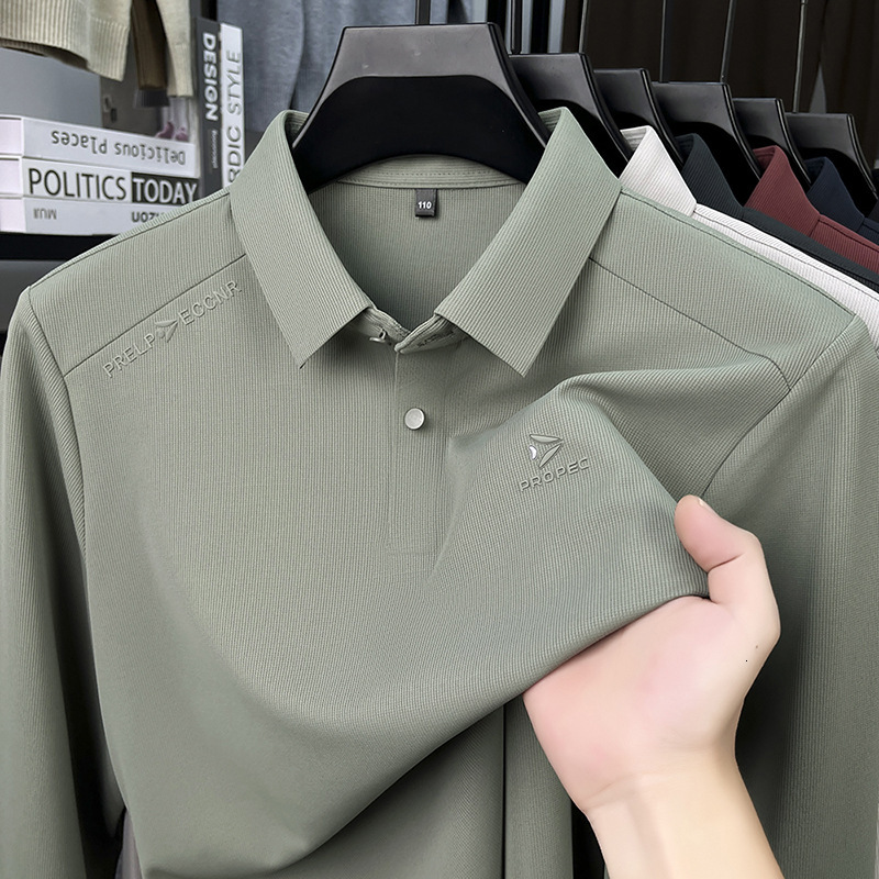 Designer Seamless wrinkle free fashionable high end men's T loose casual collared base long sleeved POLO shirt for spring and autumn e1