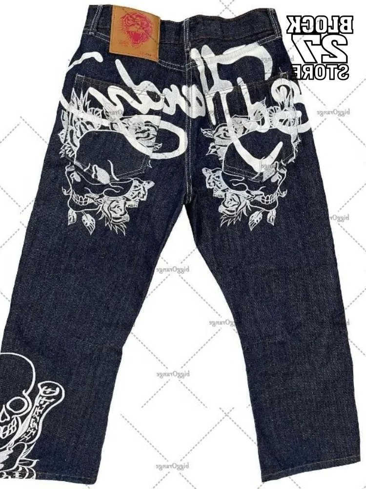 Y2K Streetwear Mens Vintage Jeans Straight Leg Denim Pants Skull Rose Flame Print Design Loose Fit Punk Hip Hop Fashion D260902