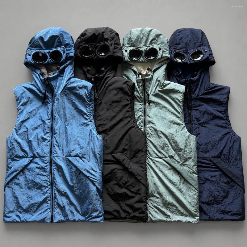 Men's Vests Men Goggle Hooded Nylon Padded Vest Sleeveless Jacket Lightweight Warm Outdoor Windproof Waistcoat Streetwear Loose Top