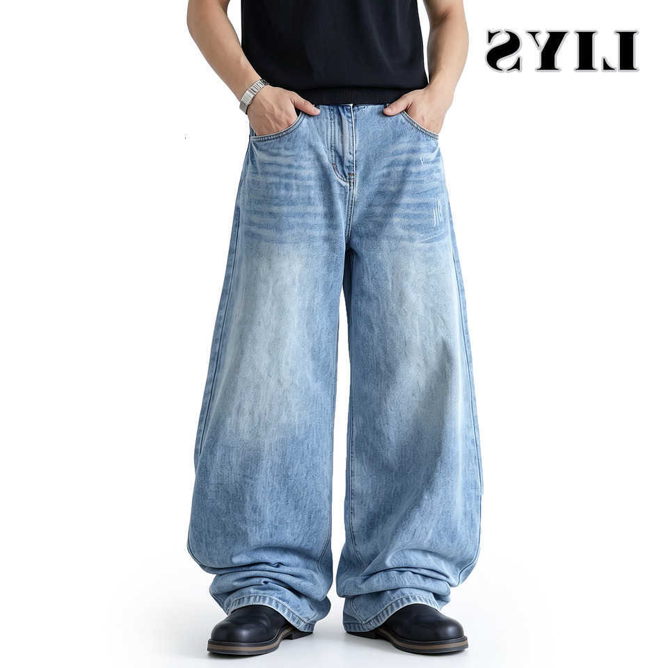 Men's Light Blue Baggy LIYS Wide Leg Jeans American 90s Style Basic Loose Denim Pants Suitable for Work and Casual Wear D260902