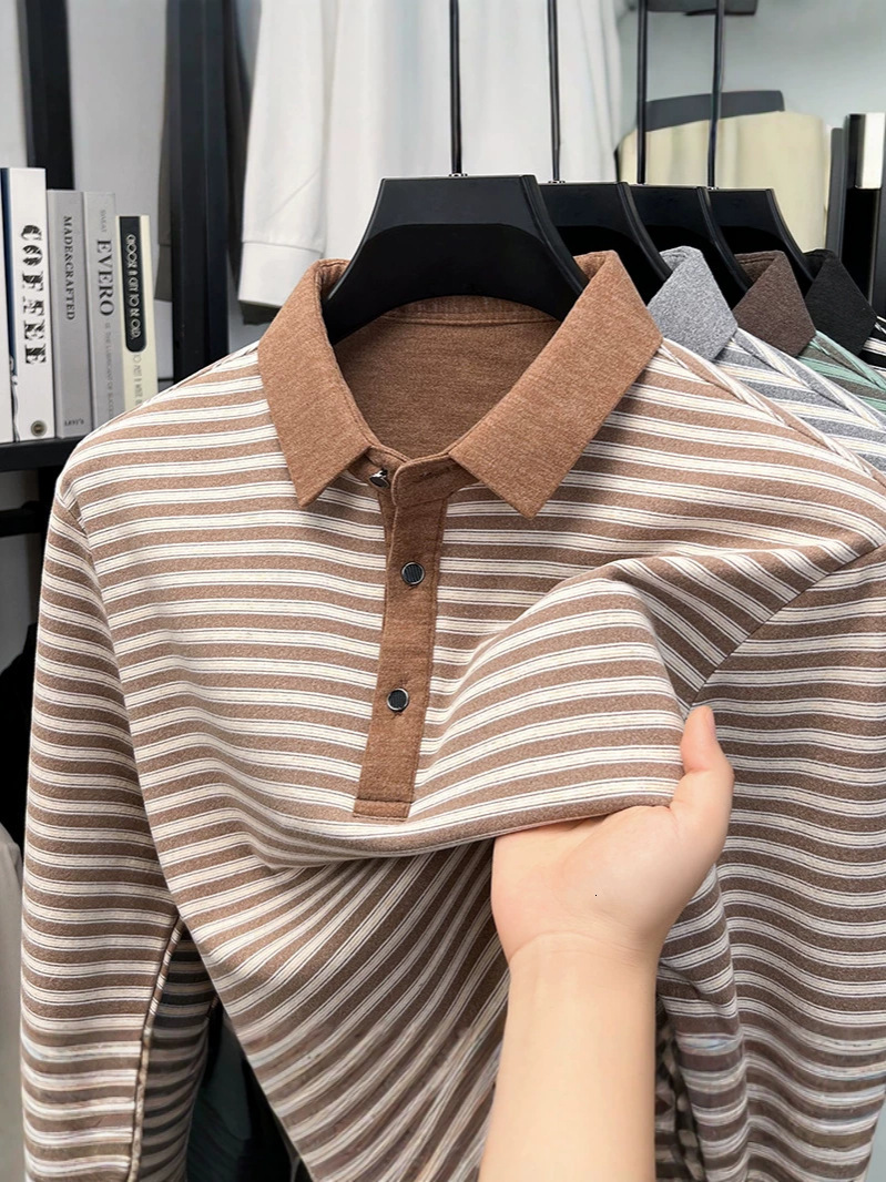 Designer Middle aged men's long sleeve T new autumn and winter striped turn down collar POLO shirt casual base top wholesale ef