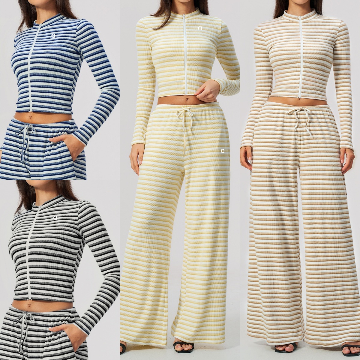 2810A Nouvelles femmes Fitness Yoga veste Double polaire col court rayé veste de sport lâche jambe large Yoga pantalon décontracté mode Fitness p