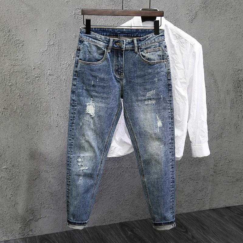 High Jeans Ripped Street Trendy Men's Long Pants Men's Brand Knees 2025 New Spring Autumn Slim Feet Streetwear Men Blue Jeans D260902