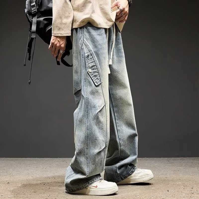 Men'S Korean High Street Jeans Pleated Patchwork Paras Autumn And Winter Loose Casual Straight Leg Pants D260902