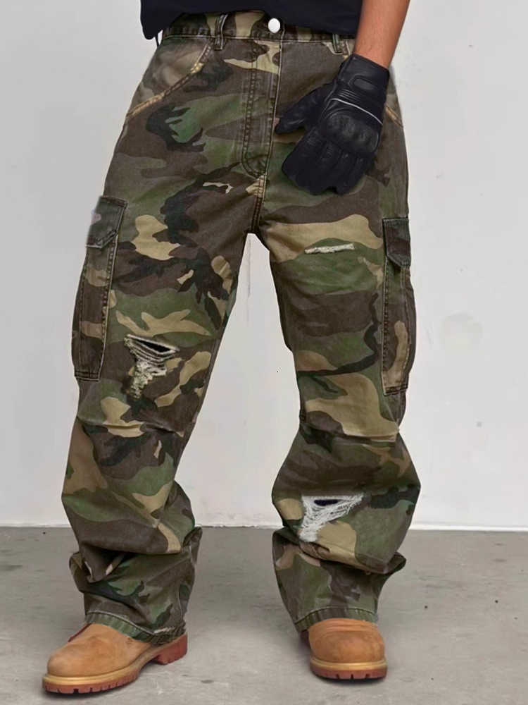 Jeans Fashion Casual Men's Spring Streetwear Camouflage Cargo Pants Distressed Ripped Wide Leg Trendy Daily Wear Loose Trousers D260902