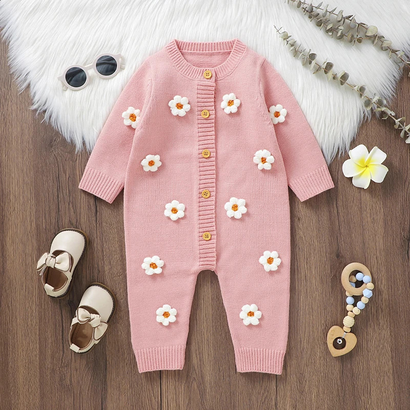 Citgeett printemps infantile bébé filles tricot barboteuse à manches longues bouton fleur automne combinaison pull rose vêtements 260901