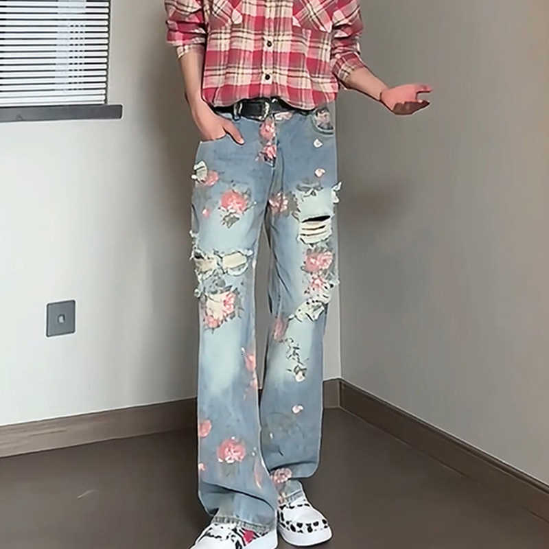 Peony 2025 Autumn Men's Flower Jacquard Ripped Jeans Graphic Printed Straight Baggy Jean New Y2K Streetwear Denim Pants D260902