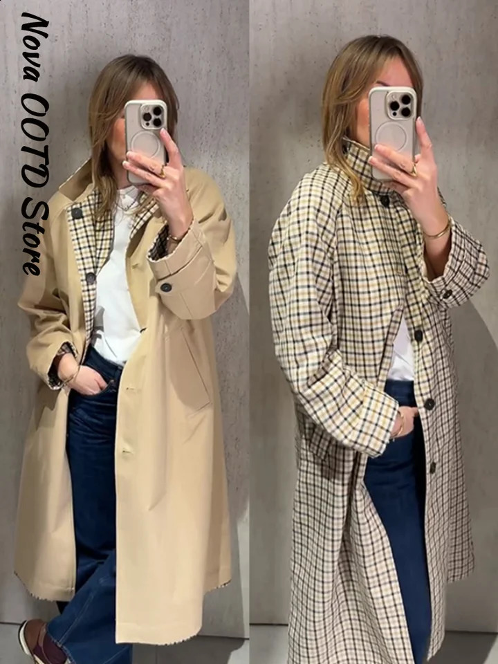 Fashion Reversible Plaid Long Trench Coat Women Single Breasted Long Windbreaker 2026 Spring Lady Classic Street Outwear 260831