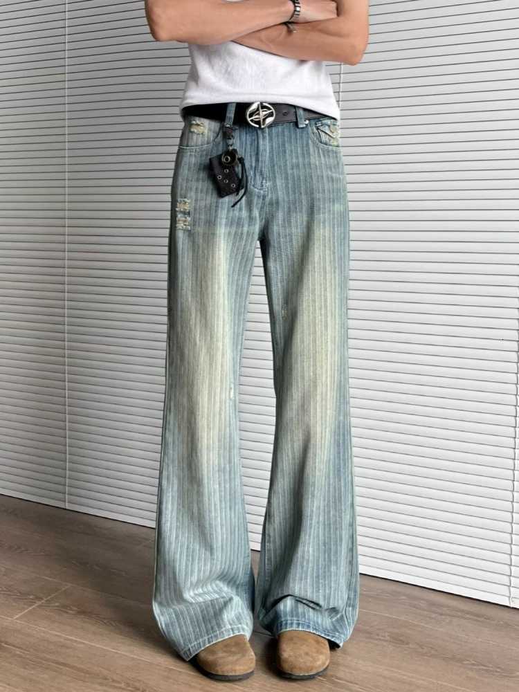 Blue Trashy Y2K Washed Baggy Striped Ripped Jeans Pants For Men 90S Vintage Clothes Casual Lady Denim Trousers Moda Hombre D260902
