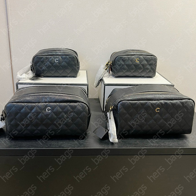 2 tailles sac de maquillage en peau de vache matelassé boucle en argent doré sac de vanité de voyage portable pochette de toilette de rangement c